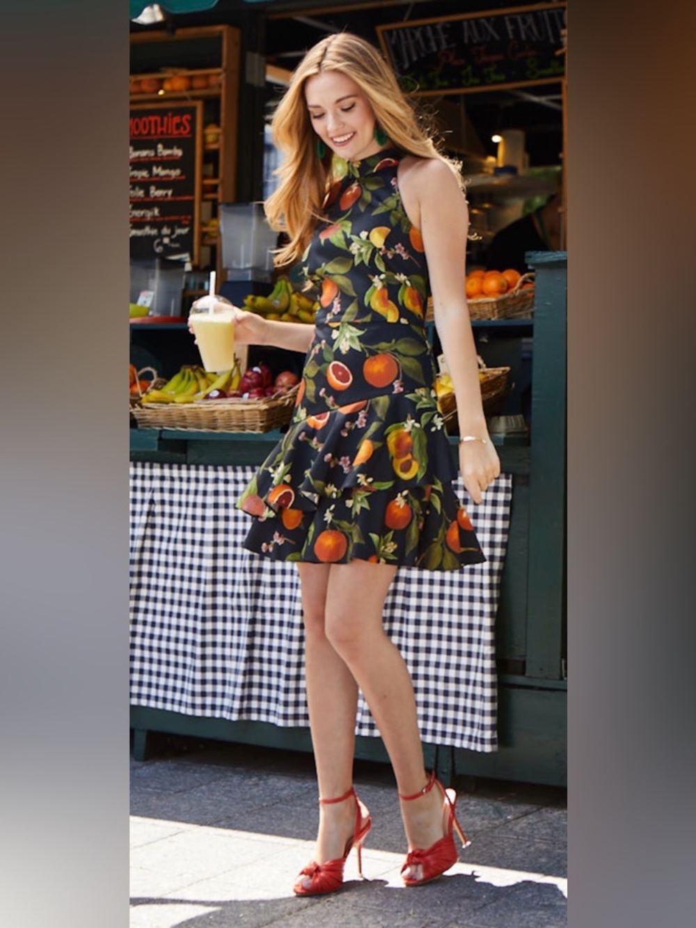 One-Shoulder Black Dress with Orange Fruit Print